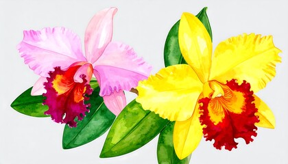 Two vibrant orchids, pink and yellow, with detailed petals and leaves