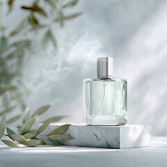 A light-green perfume bottle, emitting subtle mist, sits on a marble pedestal amidst greenery