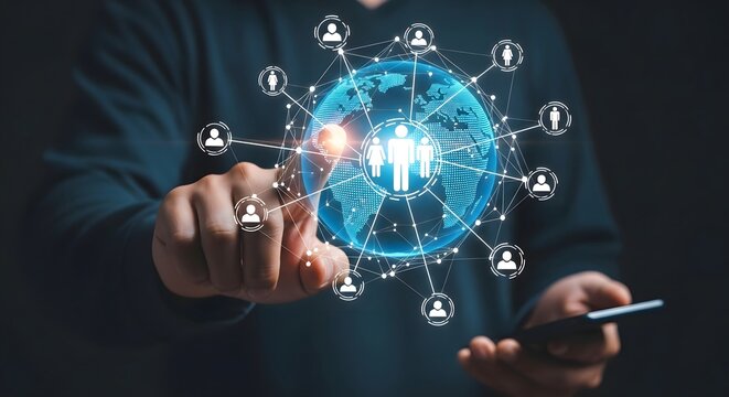 Global network connection concept with man touching world map and social media connections - Powered by Adobe