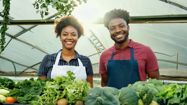 Young African American couple with their garden vegetable crop. A young couple nurtures their vegetable garden, proud of the healthy crops they grow.