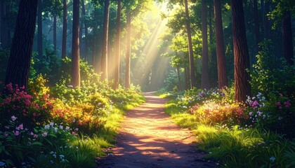 Obraz premium Sunlight streams through a vibrant forest path lined with flowers