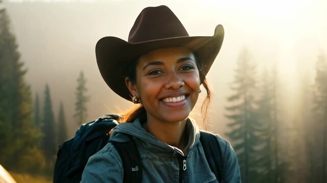 Young African American female hiker in a cowboy hat in a mountain forest looking at camera and smiling. Smiling hiker pauses on a forest trail, cowboy hat shading her face.