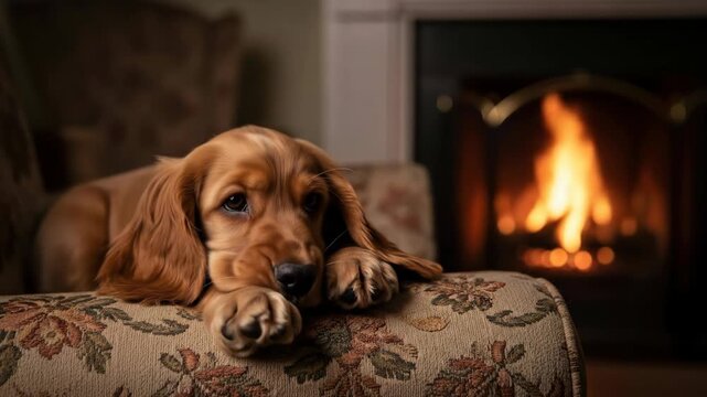 Cozy scene of a cute dog, Cocker Spaniel puppy resting in chair by fireplace, warm indoor light, pet adoption