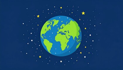 A vibrant cartoon Earth floating in a dark blue space, surrounded by varied-sized stars, evoking themes of global connectivity and exploration