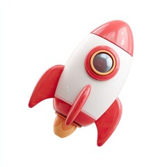 Fototapeta premium Cute, cartoon rocket ship, red and white, 3D model, isolated on white background