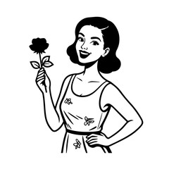 Black and white vector illustration of a beautiful woman holding a flower, minimal clean line art style