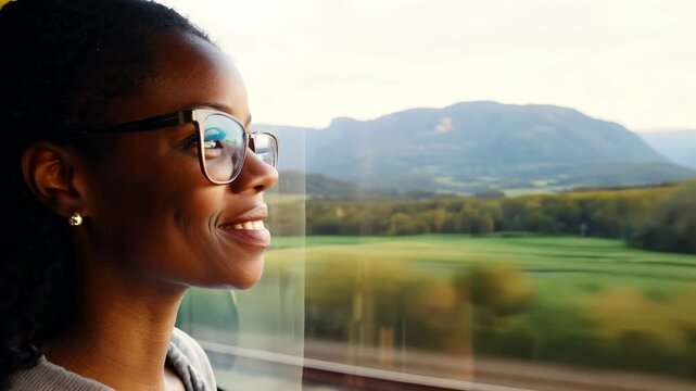 Young smiling African American woman with eyeglasses watching the forests and mountains passing by from train. Smiling woman gazes out at green forests and mountains from her train window.