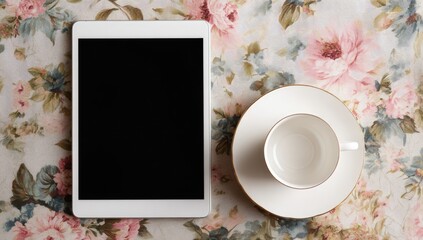 A white tablet computer and empty cup on a floral tablecloth