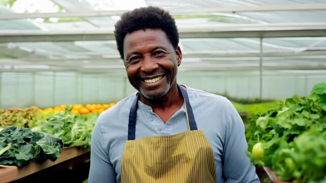 Middle aged African American man with his garden vegetable crop. His thriving vegetable garden reflects the man&rsquo;s passion and dedication to growing fresh produce.