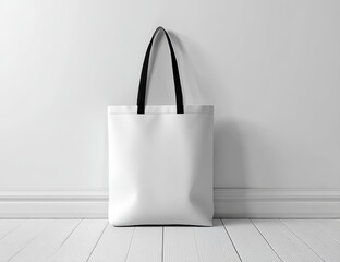 Blank white tote bag against a white wall and floor