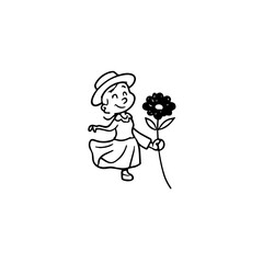 Black and white vector illustration of a beautiful woman holding a flower, minimal clean line art style