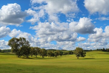 Fototapeta premium Panoramic view of a grassy plain under a partly cloudy sky