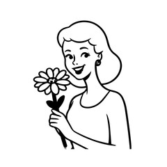Black and white vector illustration of a beautiful woman holding a flower, minimal clean line art style
