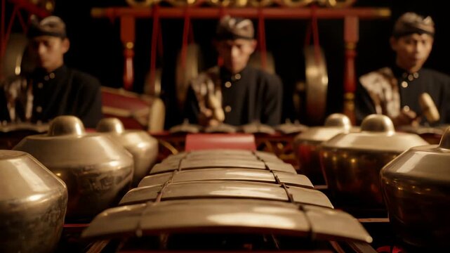 Traditional Indonesian Gamelan Orchestra Musicians Playing Instruments