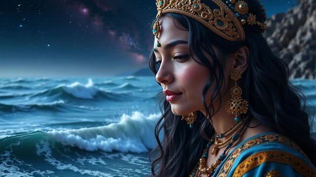 Goddess Tulsi's serene visage graces a cosmic ocean, a spiritual journey into Hindu divinity and the infinite. 4k video.