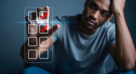 Man using digital checklist app for task management and productivity with modern interface design