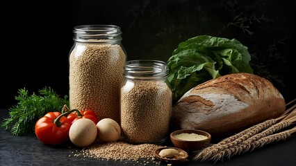 Rustic still life with bread, grains, and fresh vegetables
