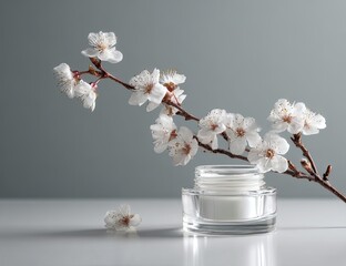 Spring blossoms and a jar of cream.  A delicate branch of white blossoms rests beside a clear glass jar of cream on a white surface against a muted gray background