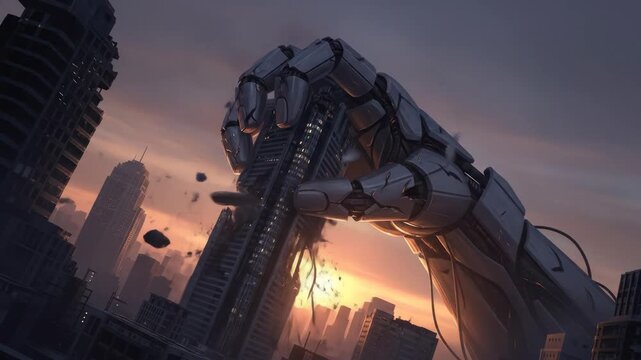 Giant robot hand destroying skyscraper in city at sunset, buildings and architecture.