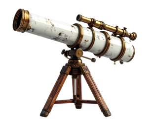 Antique telescope on wooden tripod, white marbled tube, brass details