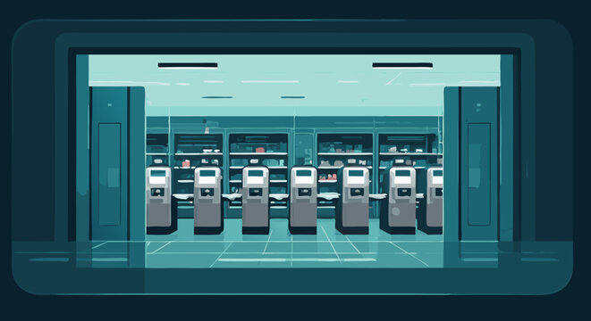 Entrance to the Automated Library: a captivating glimpse into the cutting-edge world of self-service libraries, where rows of modern kiosks invite patrons into a haven of knowledge.