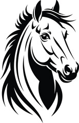 Black and white horse head illustration, tribal style horse design, elegant equine artwork, wild animal vector art for tattoo use