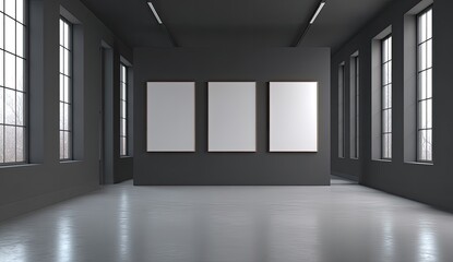 Obraz premium Empty gallery space with three blank canvases (1)