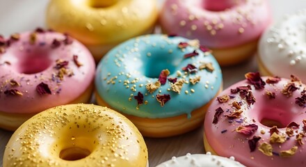 Gourmet Pastel Donuts with Edible Flowers and Gold Flakes Closeup Macro Photography.