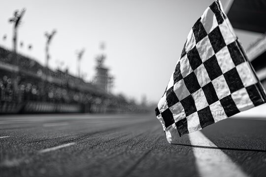 Black and white checkered flag waving at finish line
