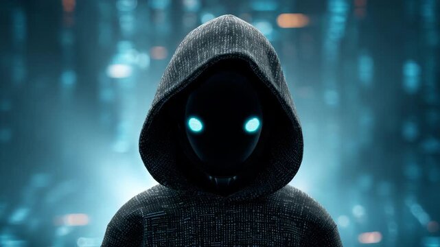 Mysterious robot in digital hooded cloak
