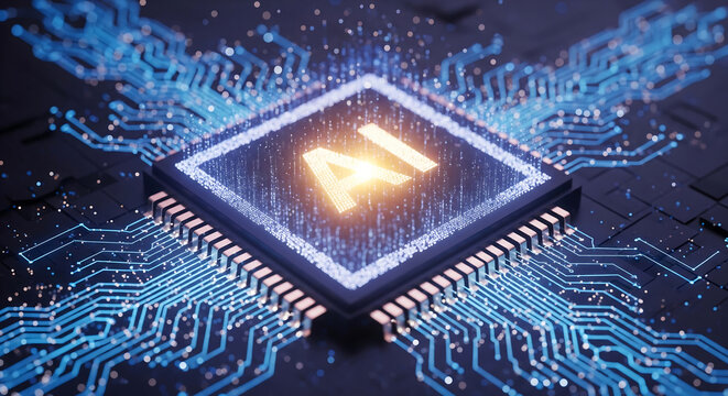 Artificial Intelligence Concept CPU with Glowing AI Text & Circuit Board, thecnologi, future human lives , crypto coin computing power