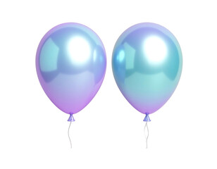 Two iridescent balloons, light purple and teal,  reflecting light, tied with strings, against a black background