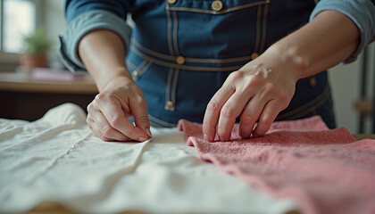 Obraz premium Craftswoman measuring fabric for slow fashion garment in a cozy workspace 