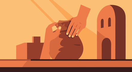 Ancient Offering: An illustrated depiction of hands reaching into a pouch, with a structure in the background, symbolizing the act of giving. 