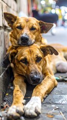 Two dogs resting on a city street