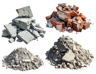 Four piles of construction debris, including concrete, bricks, and rubble