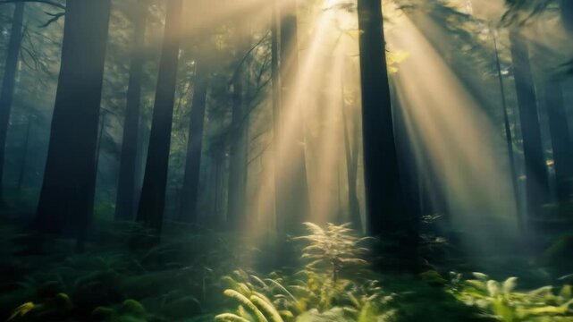 Magical sun rays shining through trees in a serene forest, creating a peaceful scene. Nature, light, landscape, sunlight, trees, forest, and environment.
