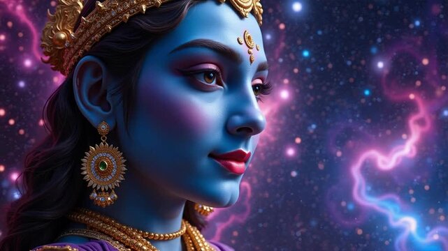 Mystical Hindu Goddess Face Close-Up on Cosmic Nebula Background in 4K Video, Spiritual Awakening, Divine Feminine Energy, Ancient Wisdom