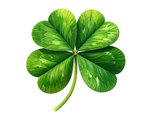 Detailed illustration of a four-leaf clover, vibrant green with detailed veins
