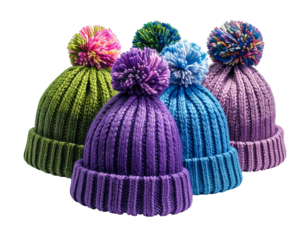 Four colorful ribbed knit hats with pom-poms