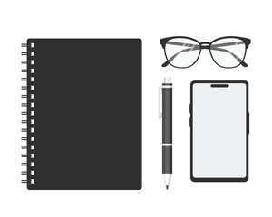 Flat lay illustration of essential office items including a spiral notebook, eyeglasses, pen, and smartphone in minimalist black and white style