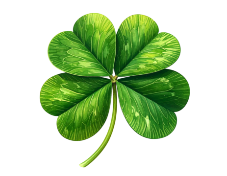 Detailed illustration of a four-leaf clover, vibrant green with detailed veins