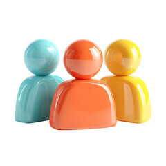 Three glossy, simplified 3D figures in teal, coral, and yellow, positioned closely together, representing a team or group