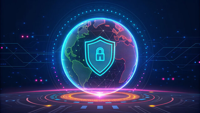 Digital security concept with glowing globe and shield lock symbol representing digital sovereignty and protection in technology
