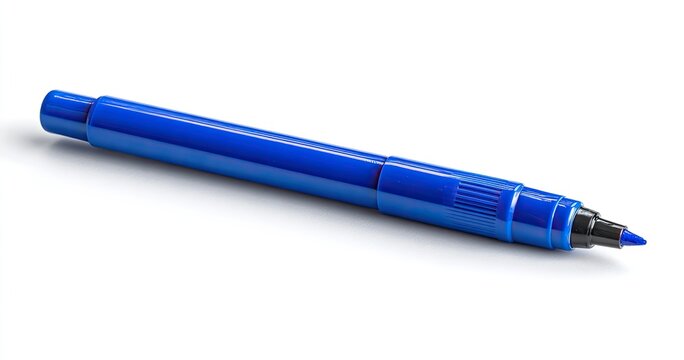 A vibrant blue marker, angled, lies on a plain white surface