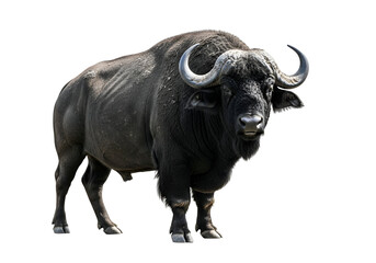 Fototapeta premium A full shot of a formidable African buffalo, presented against a stark black backdrop, showcasing its powerful physique and intense gaze.