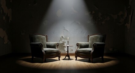 A dimly lit antique room, highlighted by a spotlight, features two antique armchairs and a small table, casting dramatic shadows.