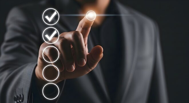 Completion of checklist with hand touching interface for task management and productivity boost