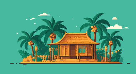 Tropical Hut by the Sea: An inviting illustration of a rustic hut nestled amidst lush palm trees under a tranquil sky, exuding the essence of a tropical paradise.