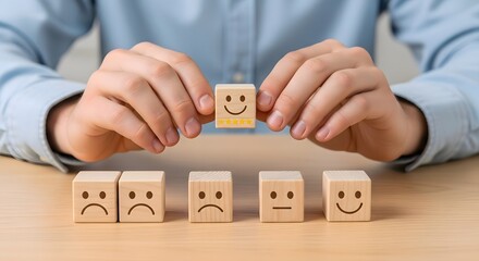 Customer satisfaction rating concept with wooden blocks and smileys for business feedback polls